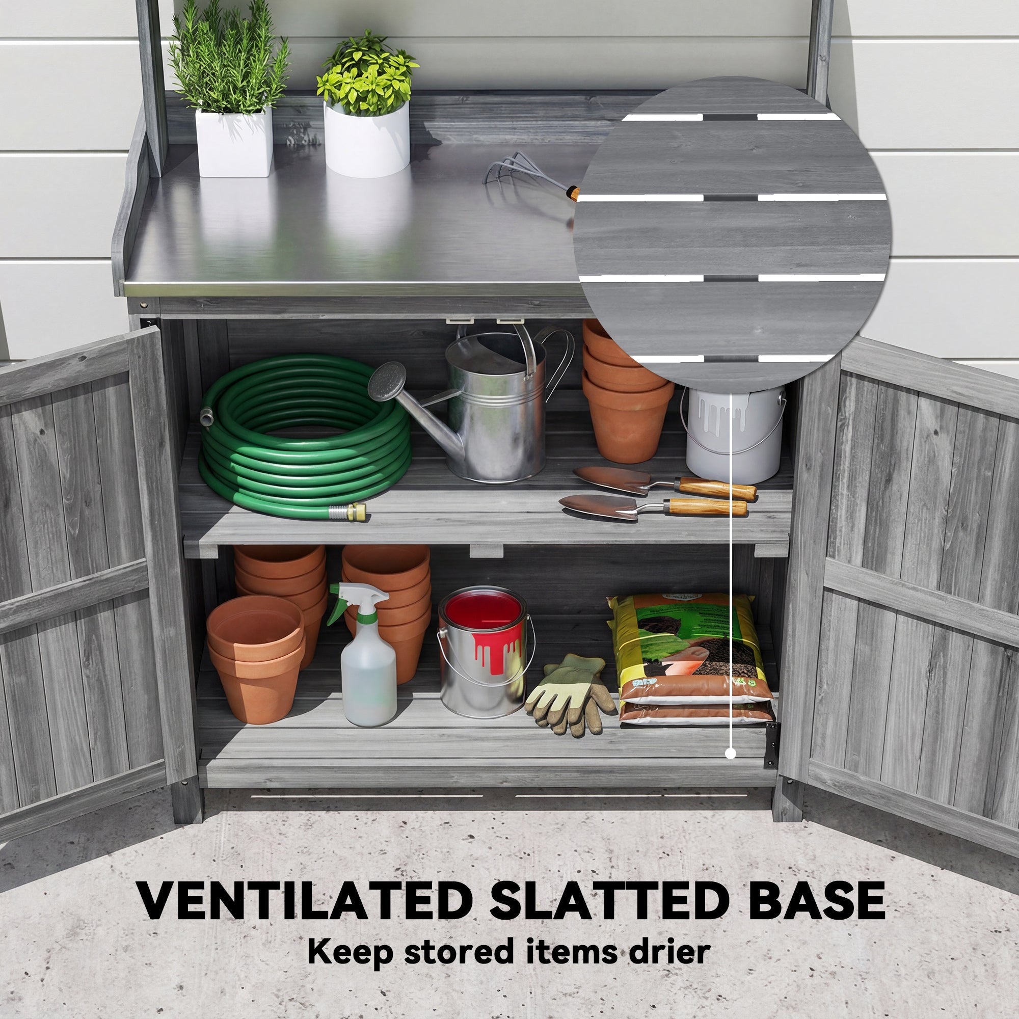 Gray wooden potting bench table with stainless steel top and ventilated base for outdoor garden use