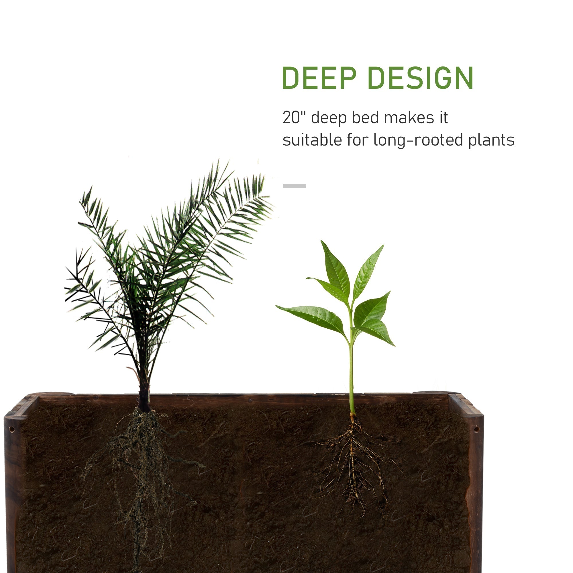 Dark brown fir wood planter box with 20 inch deep bed for long-rooted plants in an elevated garden bed