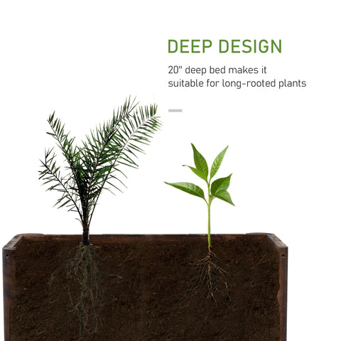 Dark brown fir wood planter box with 20 inch deep bed for long-rooted plants in an elevated garden bed
