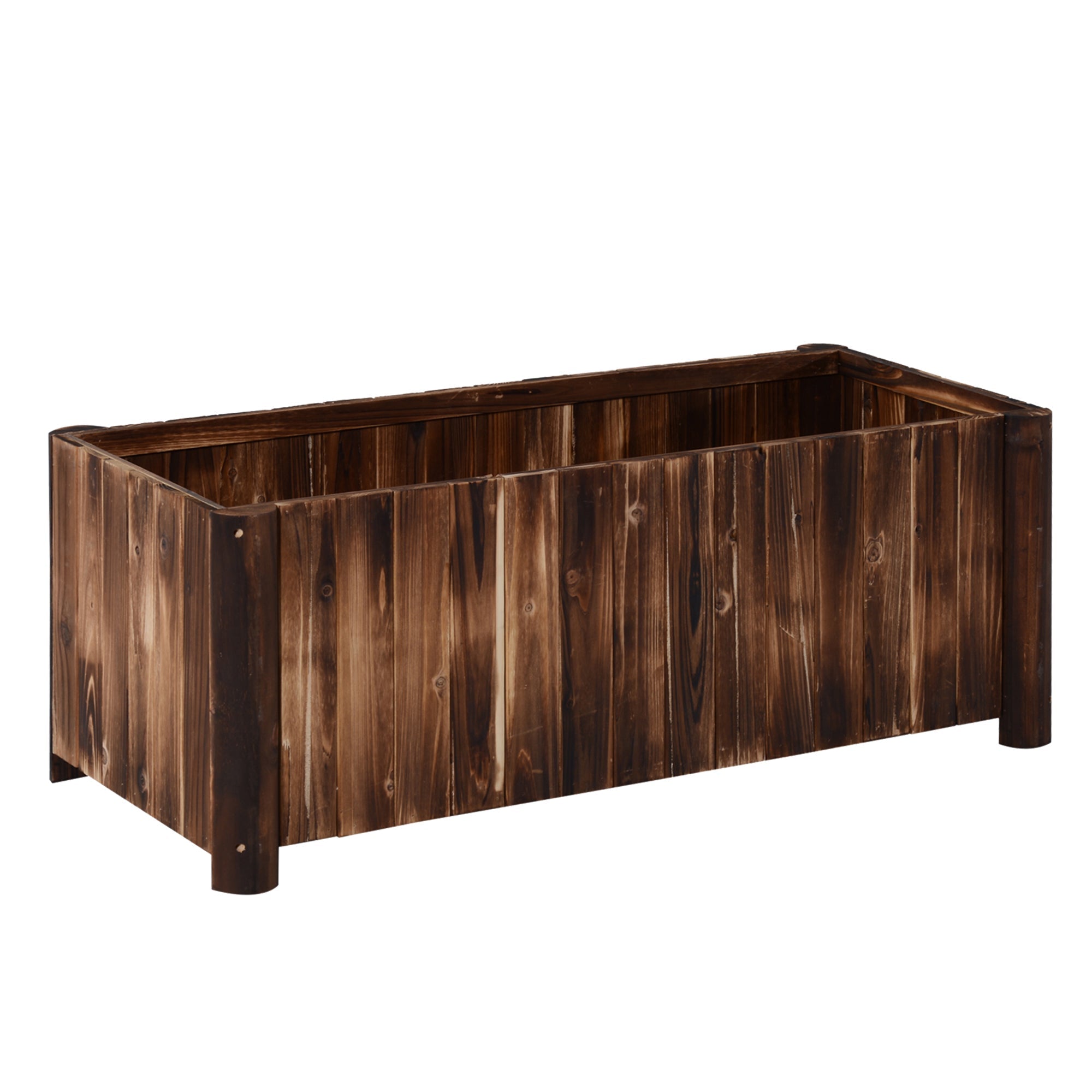 Dark brown fir wood planter box with vertical planks and visible grain for elevated garden bed outdoors