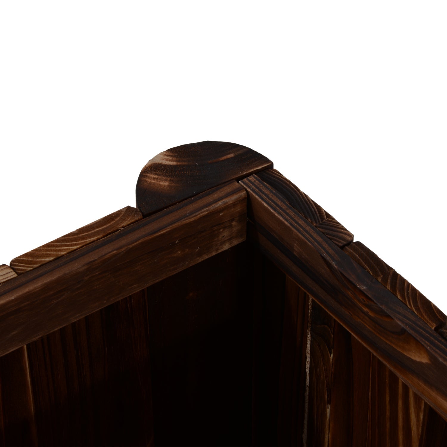 Dark brown fir wood planter box corner with rounded edges from outsunny wooden raised garden bed for outdoor use