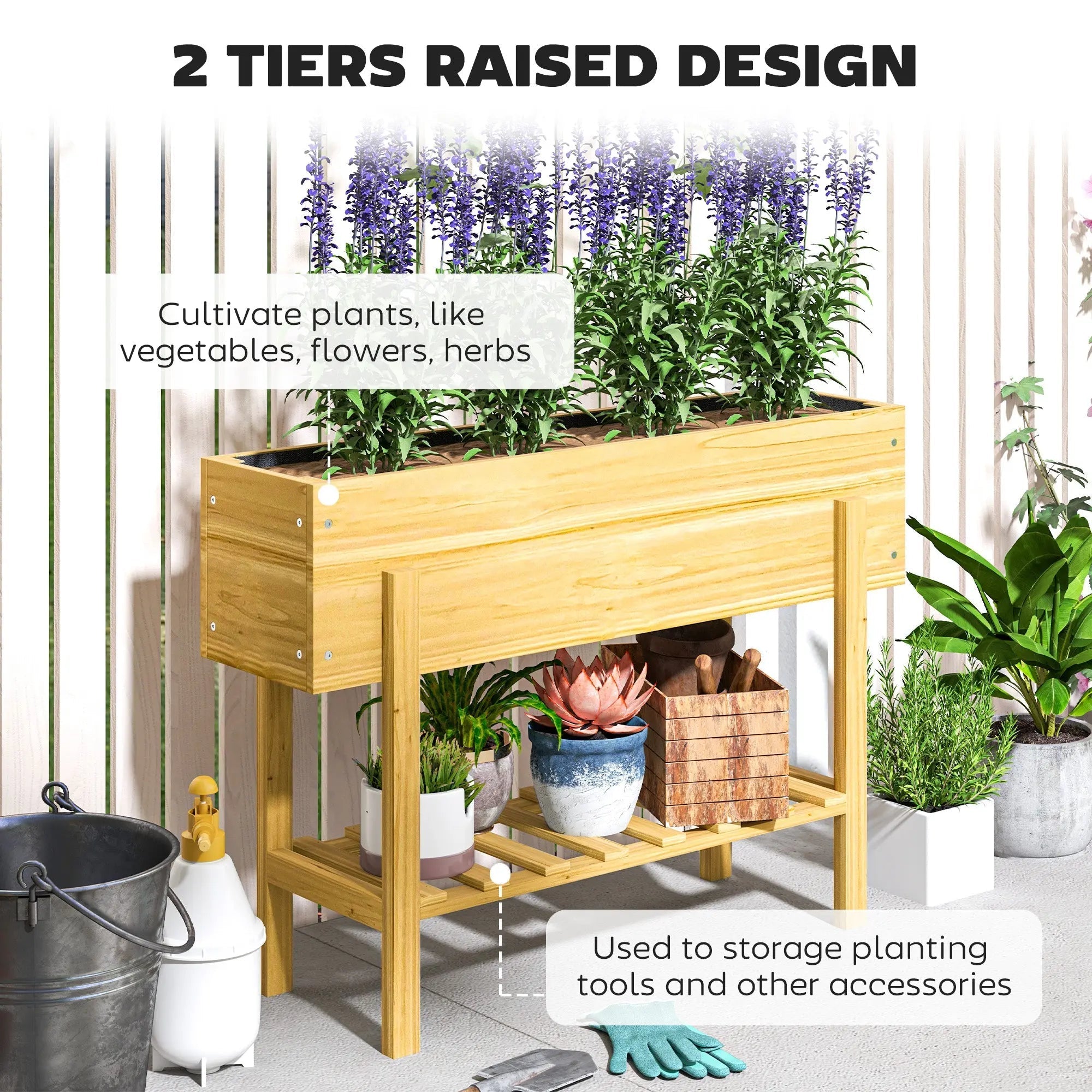 Light natural fir wood garden bed with drainage holes two tiers for plants and storage shelf below