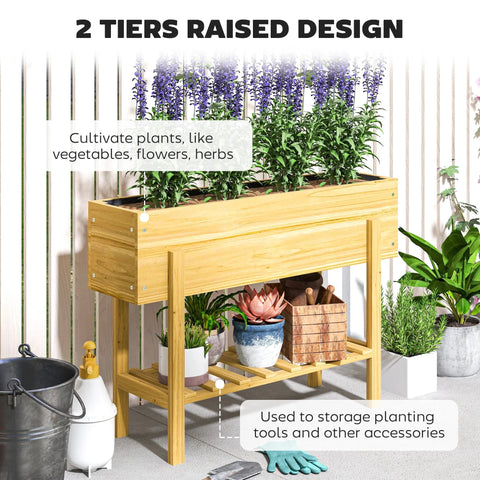 Light natural fir wood garden bed with drainage holes two tiers for plants and storage shelf below