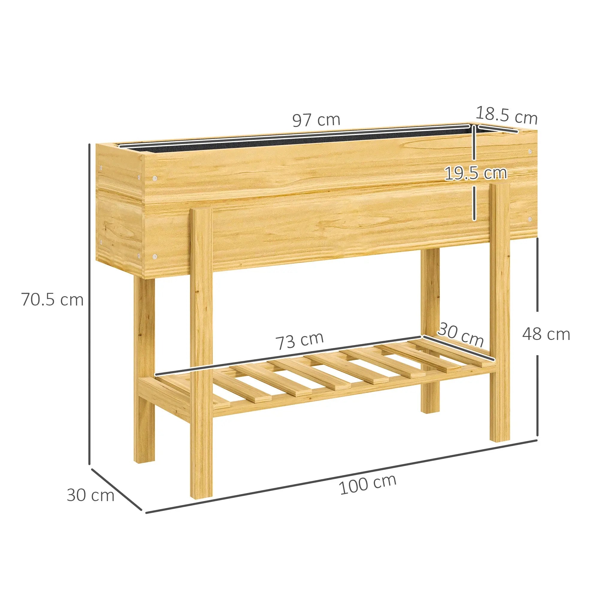 Light-colored fir wood garden bed with drainage holes and a lower slatted shelf for plants and storage