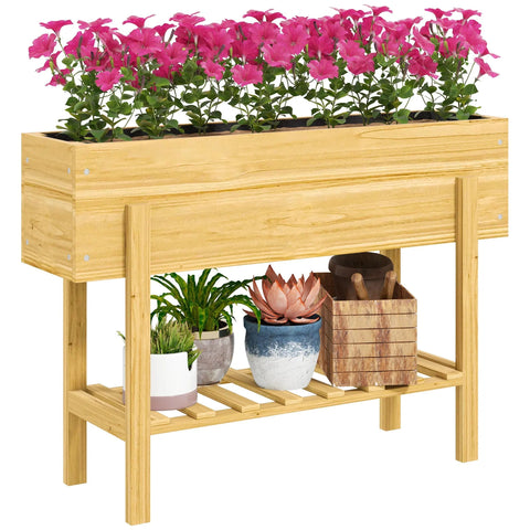 Light-colored fir wood garden bed with drainage holes featuring pink petunias and potted plants on shelves