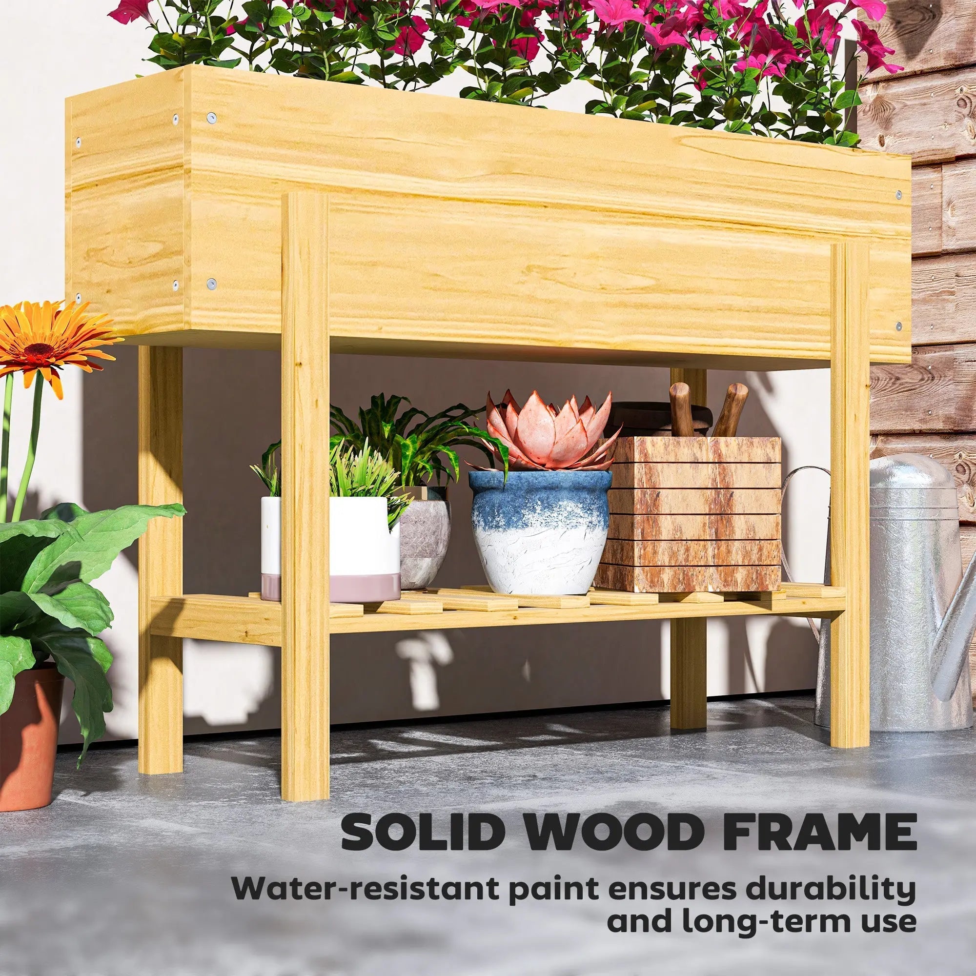 Light-colored fir wood garden bed with drainage holes and two shelves holding potted plants for herbs and flowers
