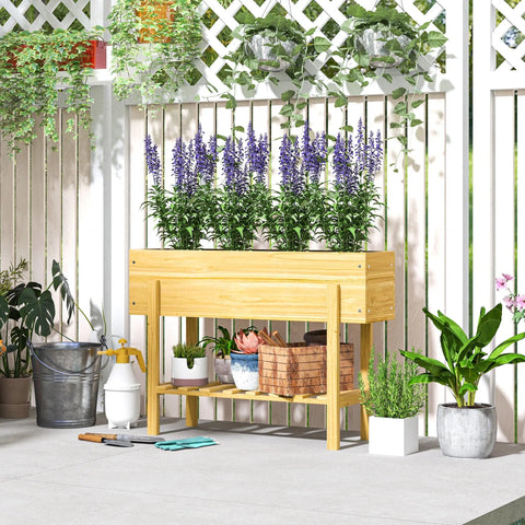Outsunny light natural fir wood garden bed with drainage holes multiple planters and a storage shelf for veggies herbs