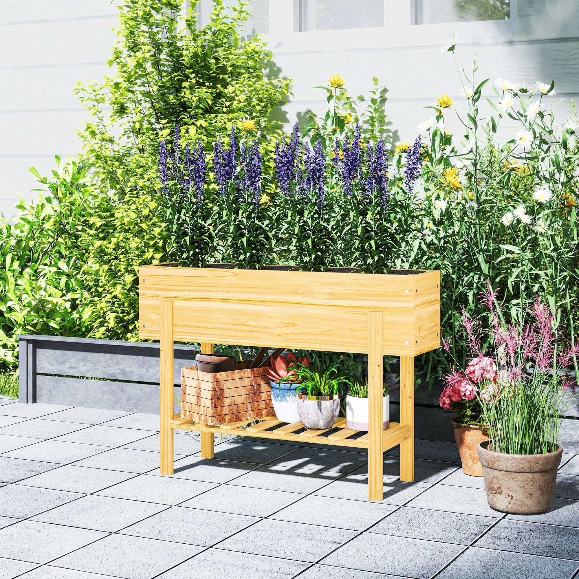 Outsunny light fir wood garden bed with drainage holes and storage shelf holding plants and woven basket