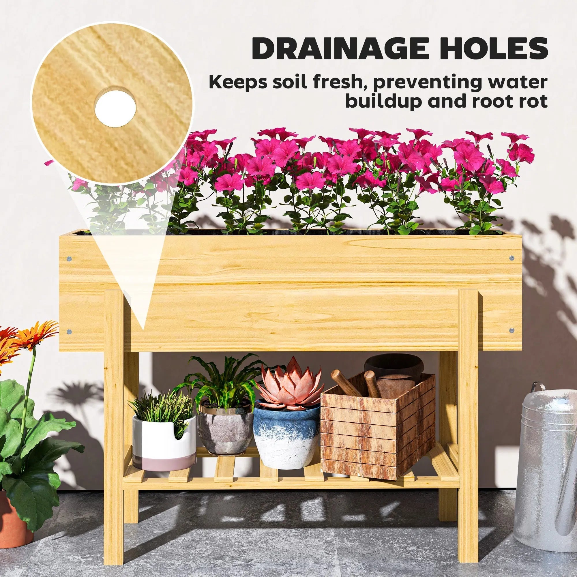 Outsunny fir wood garden bed with drainage holes and lower shelf for pots and tools in natural wood finish