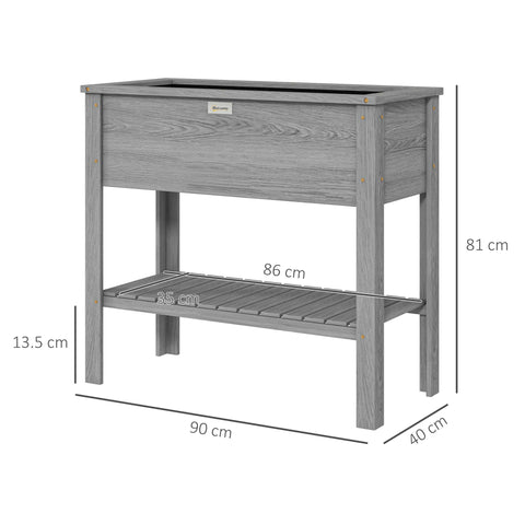 Gray wooden Outsunny elevated planter box with lower shelf, weathered finish, drainage holes, and sturdy legs raised garden bed