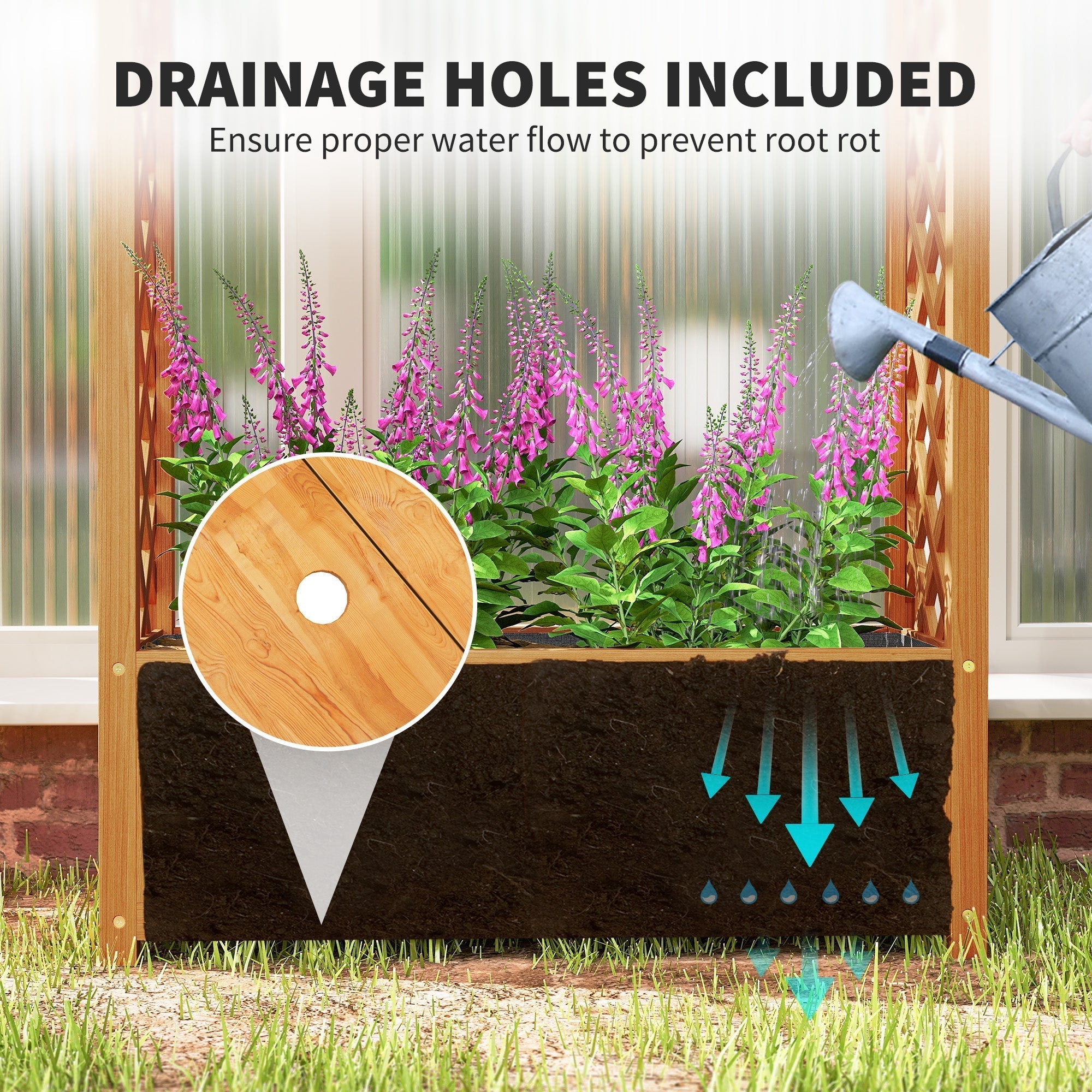 Wooden raised garden bed made of natural fir wood with drainage holes and purple flowering plants for vine climbing