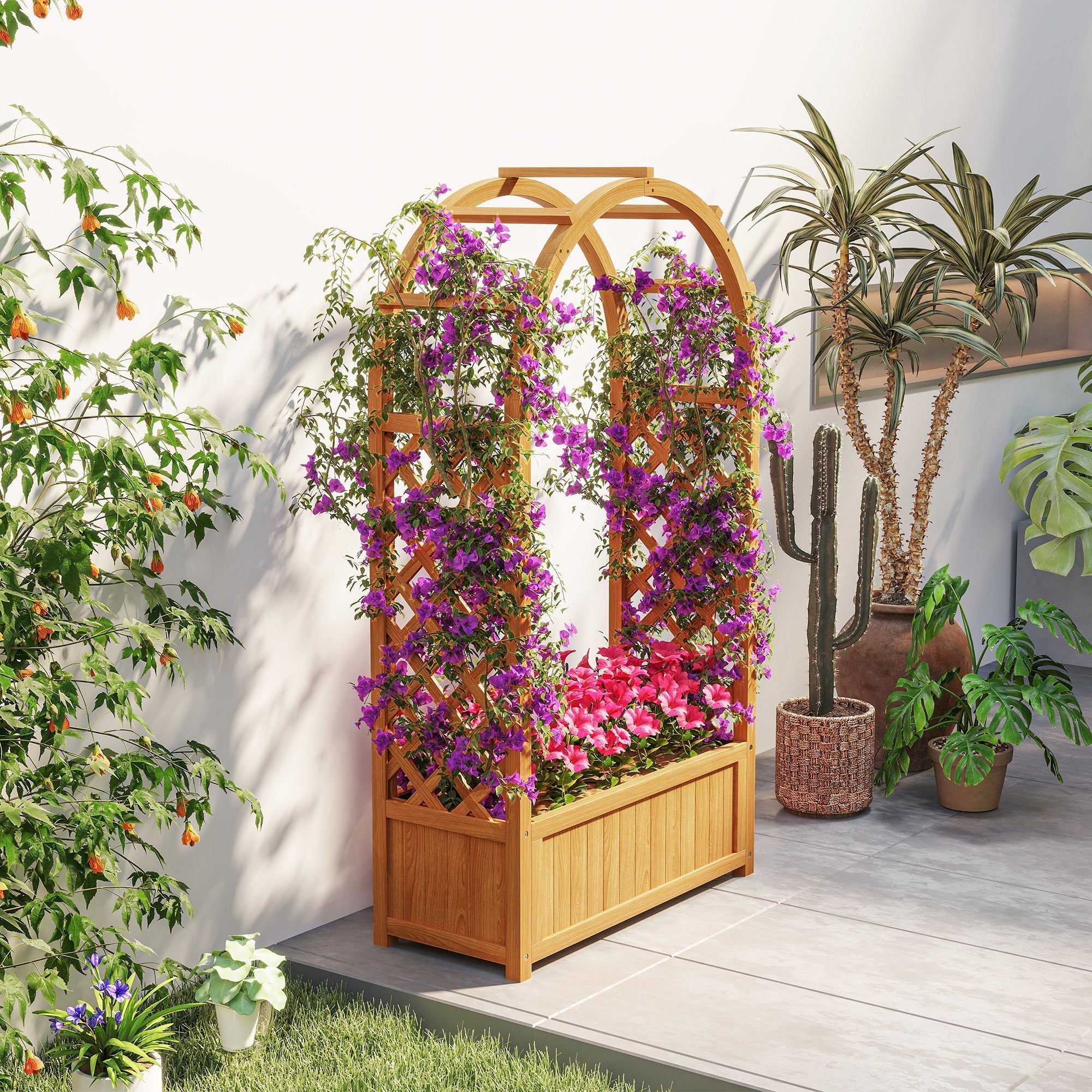 Outsunny wooden raised garden bed made of natural fir wood with arched trellis and purple pink flowering vines