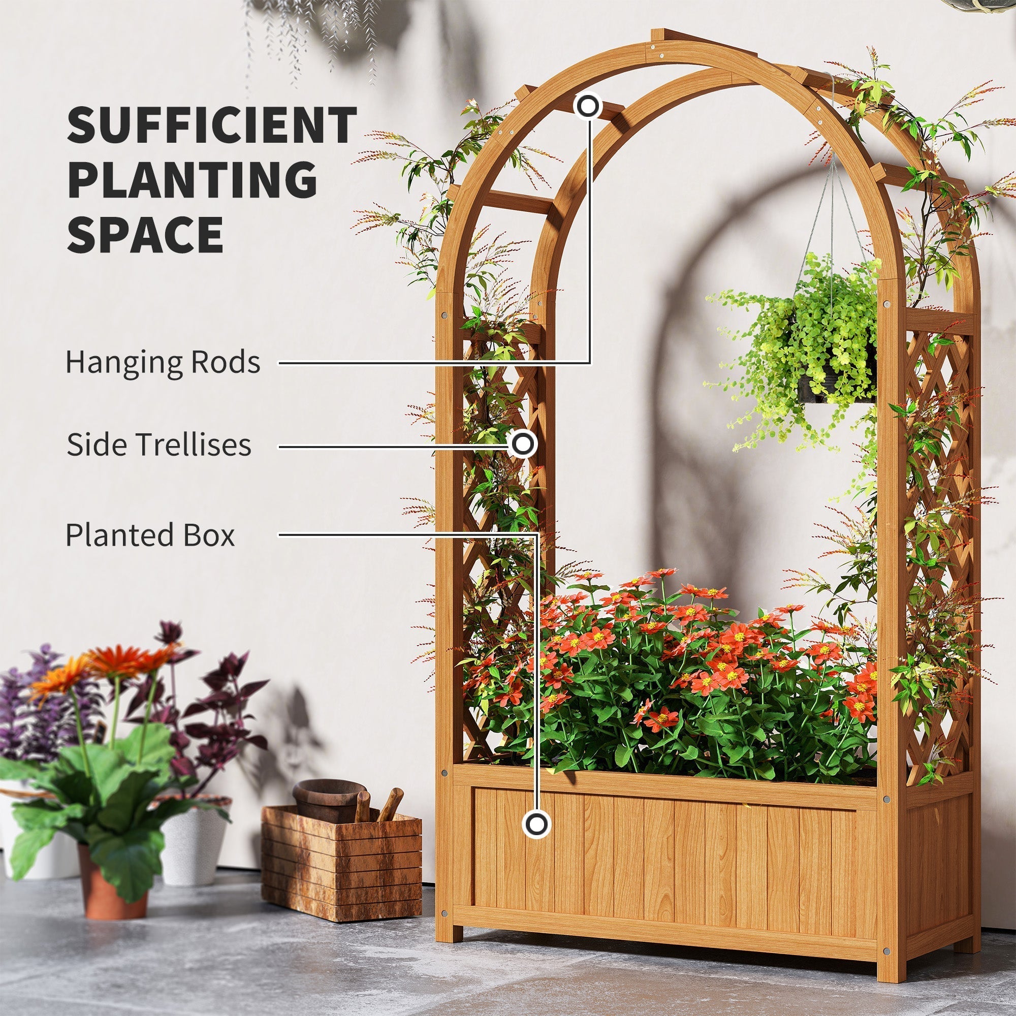 Light brown natural fir wood raised garden bed with arched trellis and built-in planter for vine plants