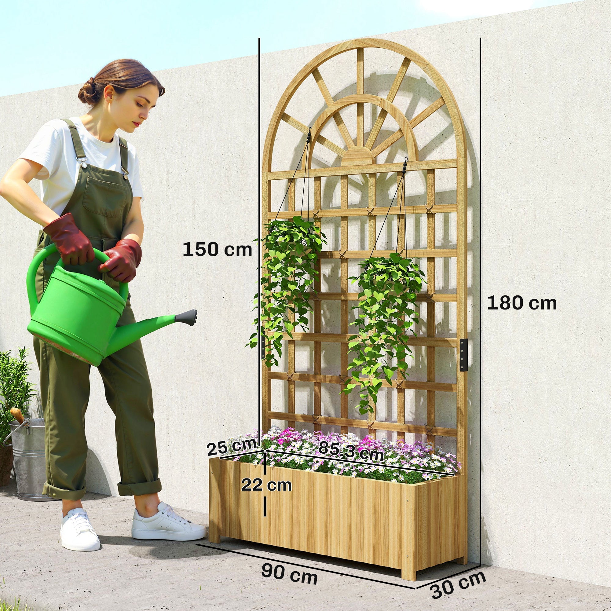 Outsunny light brown fir wood raised planter with arched trellis and hanging planters for climbing plants planting area