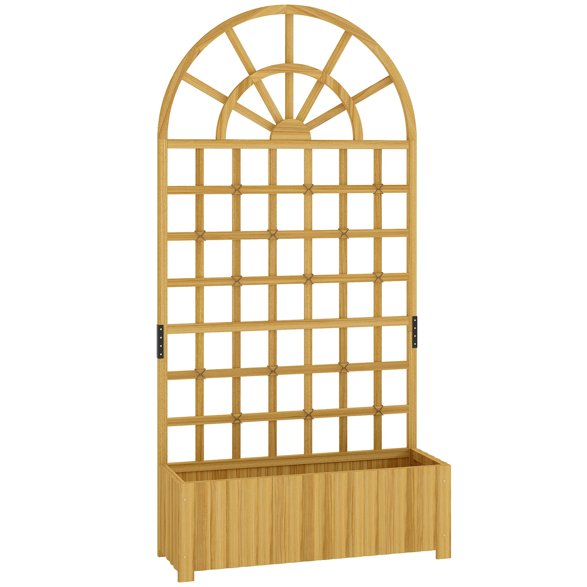 Light brown fir wood wooden raised planter with arched trellis and planting area for climbing plants by outsunny