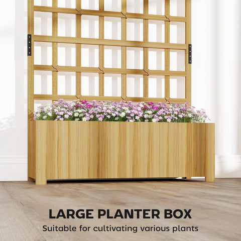 Outsunny light fir wood planter box with matching trellis filled with purple and white flowers for climbing plants and planting area