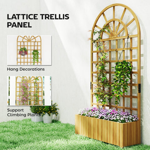 Outsunny fir wood raised planter with light brown lattice trellis and integrated planting area for climbing plants