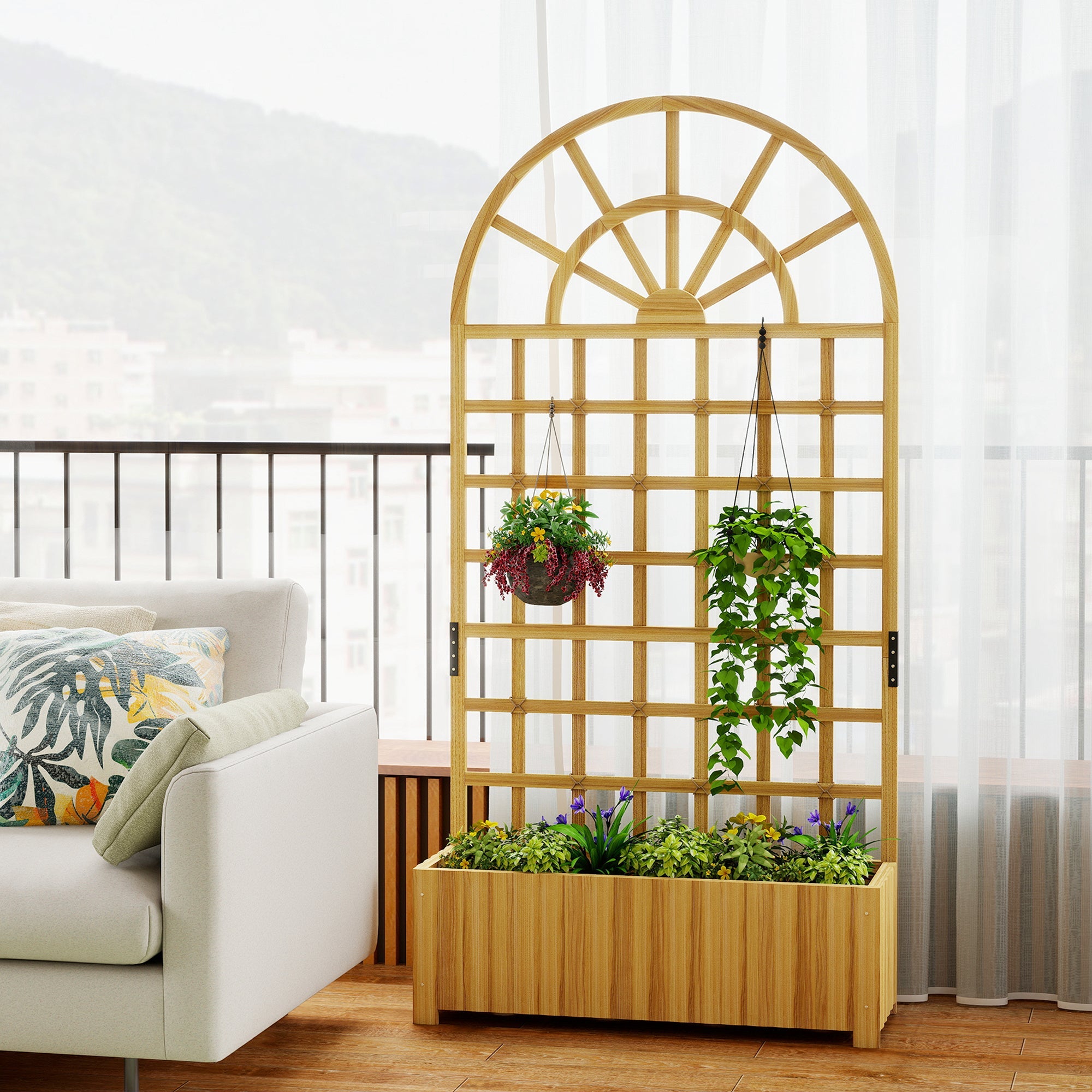 Outsunny wooden raised planter with fir wood arched trellis and hanging planters for climbing plants and planting area