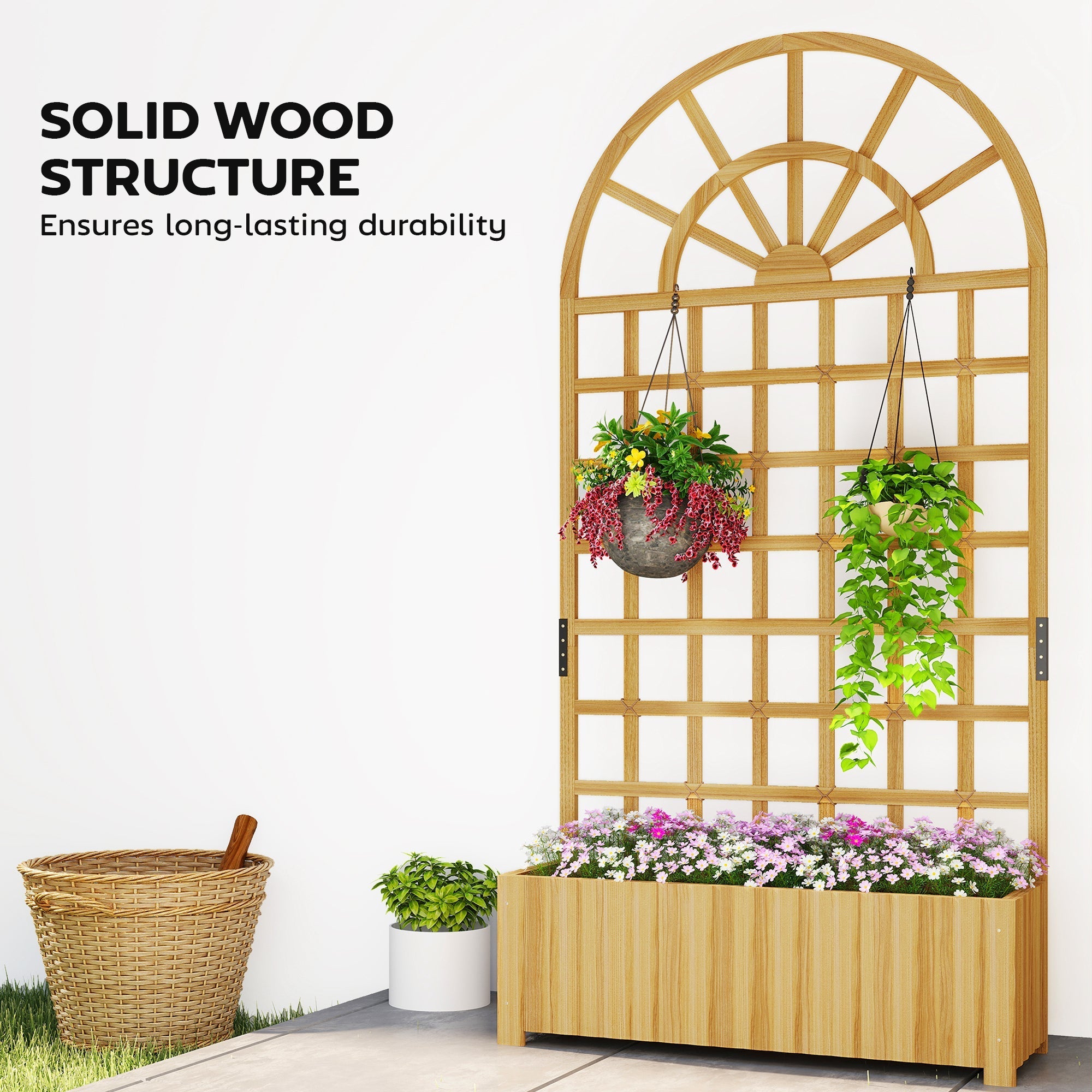 Outsunny light-colored fir wood planter with arched trellis and raised planting area for climbing plants