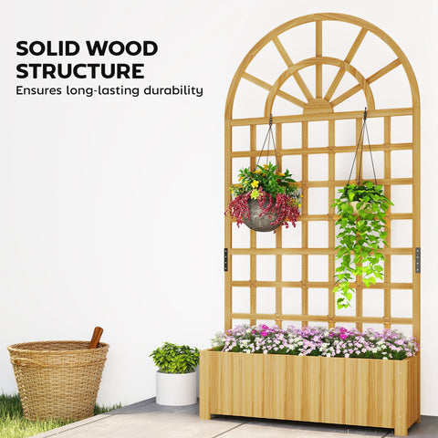 Outsunny light-colored fir wood planter with arched trellis and raised planting area for climbing plants