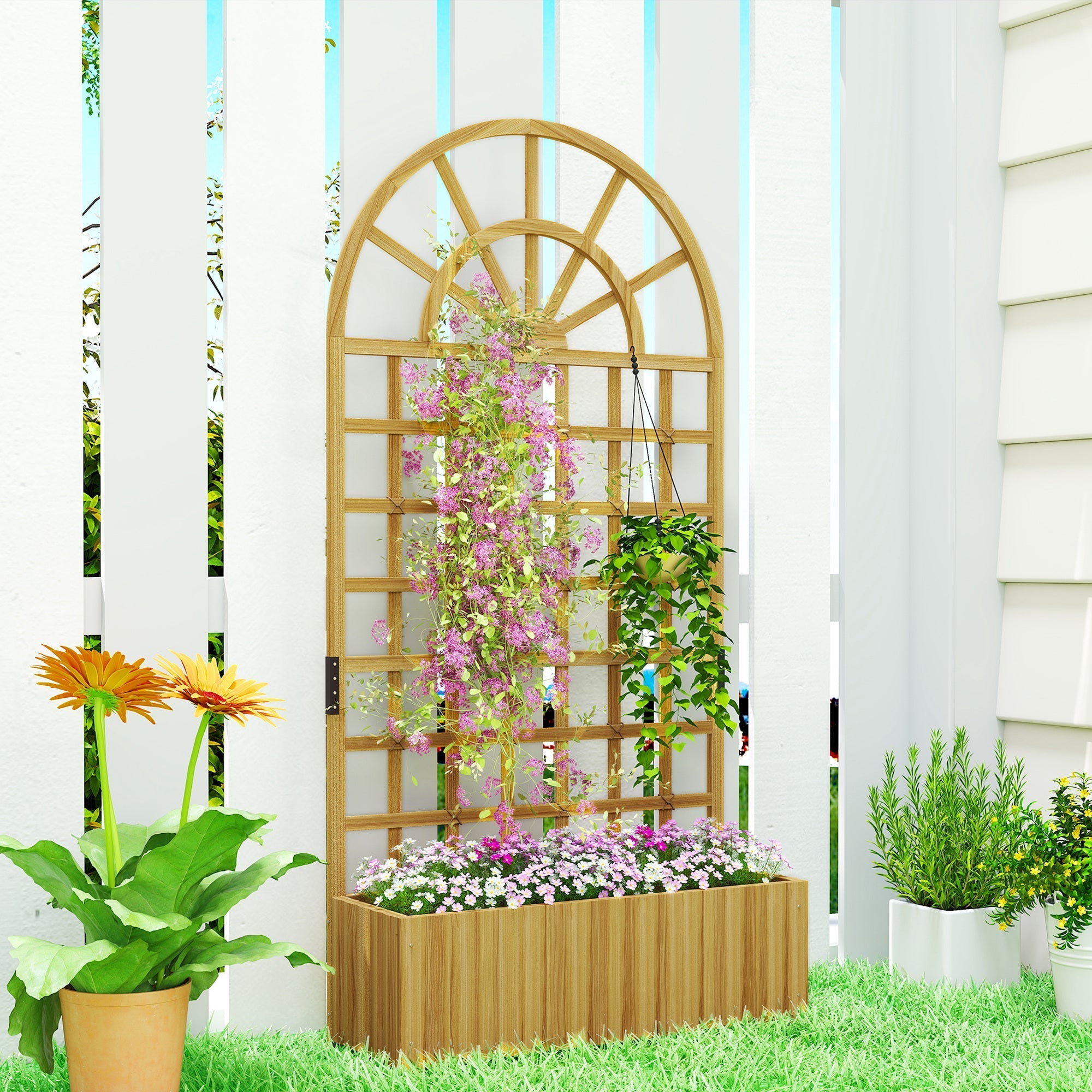Outsunny light brown fir wood raised planter with arched trellis and planting area for climbing plants and flowers