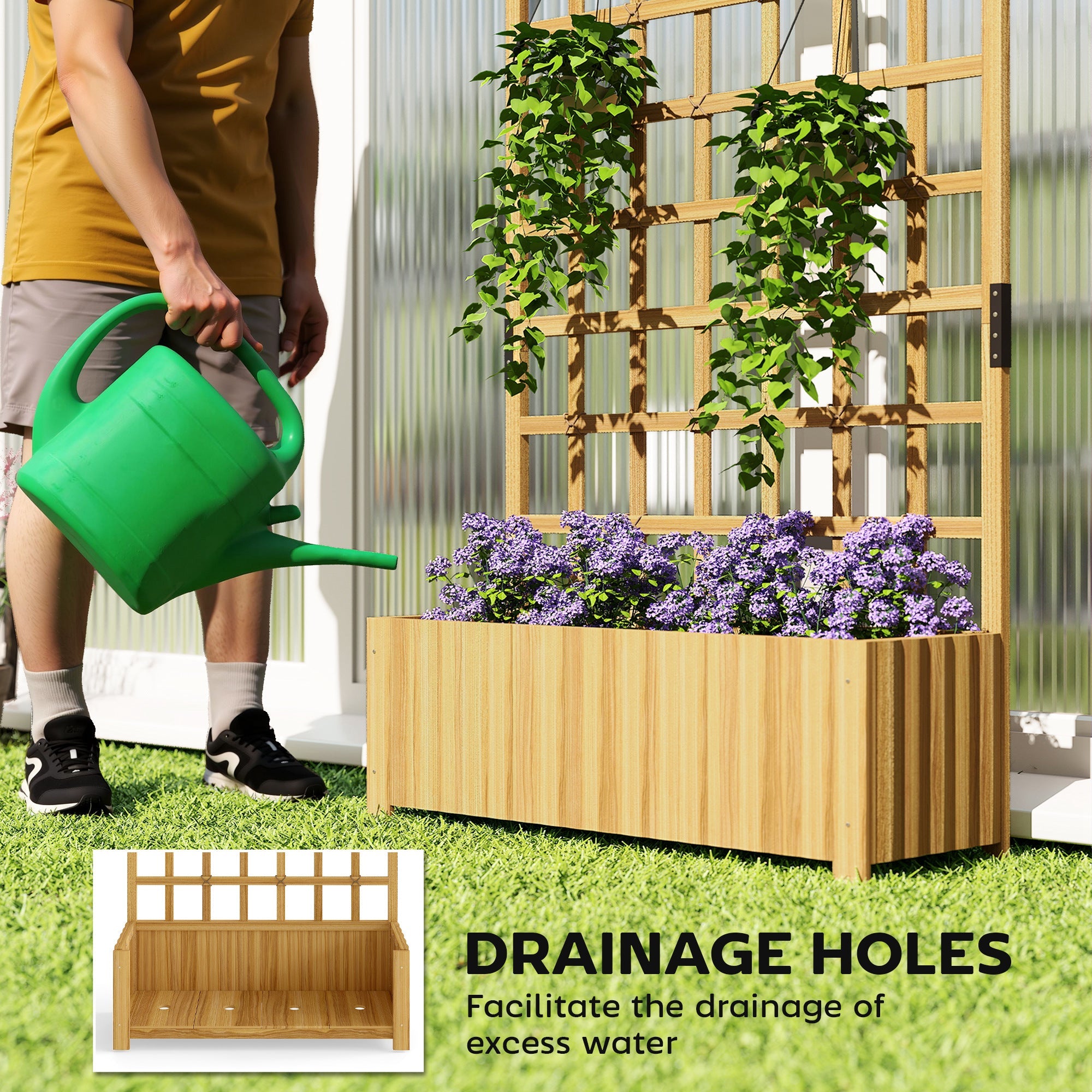 Outsunny wooden raised planter made of fir wood with vertical slats and drainage holes filled with purple climbing plants