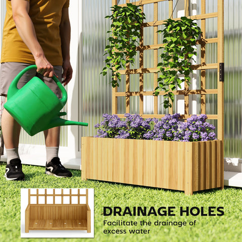 Outsunny wooden raised planter made of fir wood with vertical slats and drainage holes filled with purple climbing plants