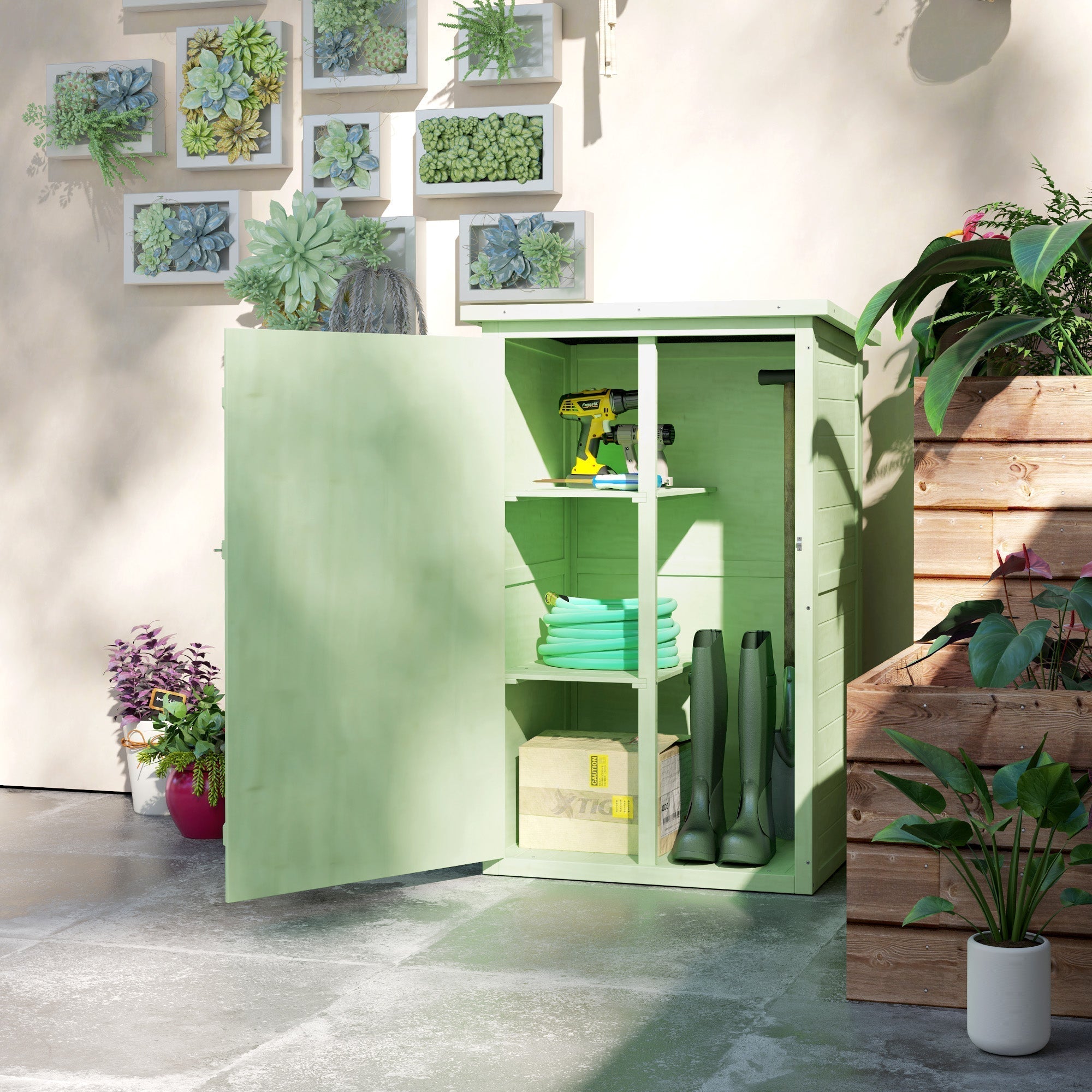 Light green outsunny wooden small shed with open door and shelves for garden tool storage 75l x 56w cm