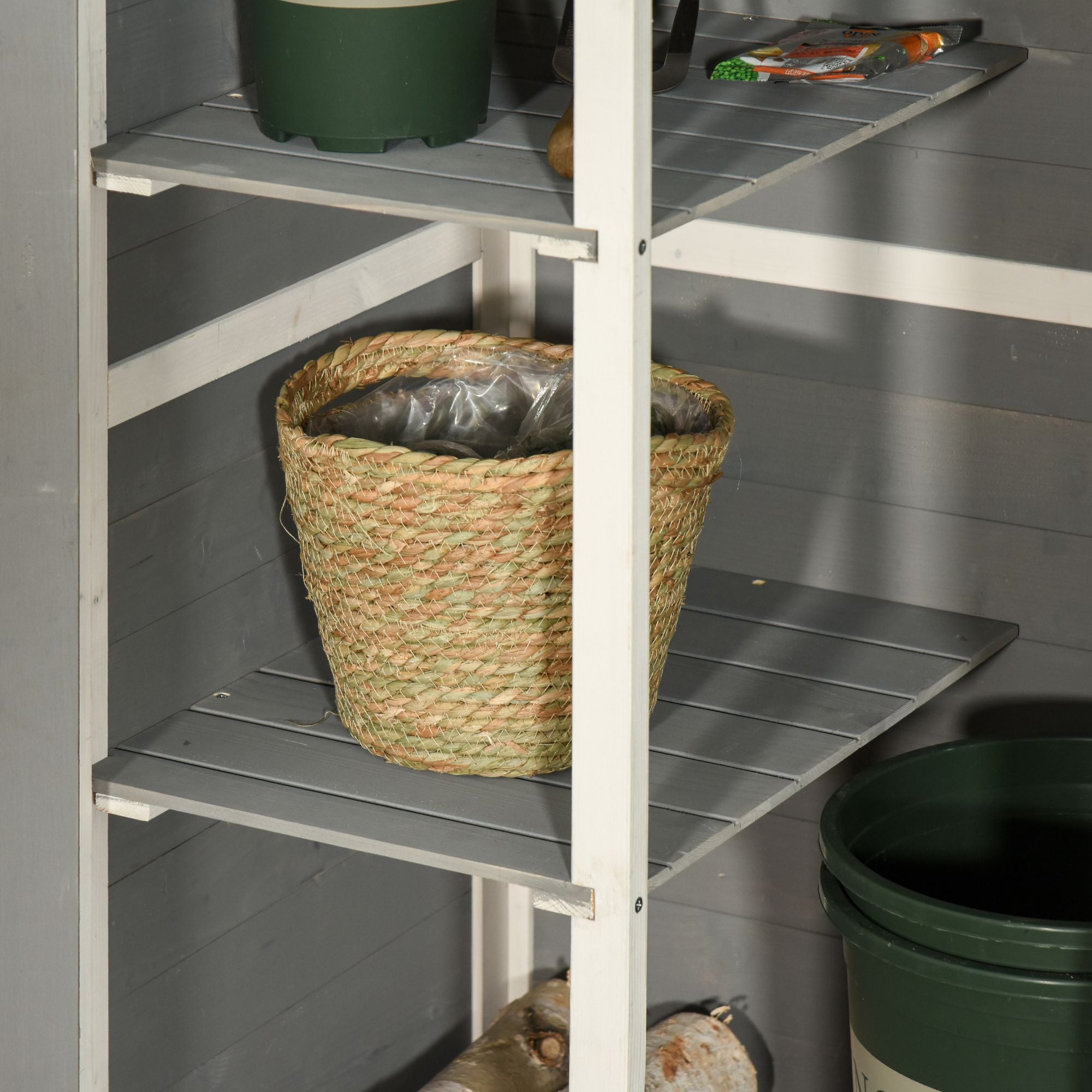 Natural-toned wicker basket inside outsunny wooden small shed grey 75l x 56w for garden tool storage and tool storage
