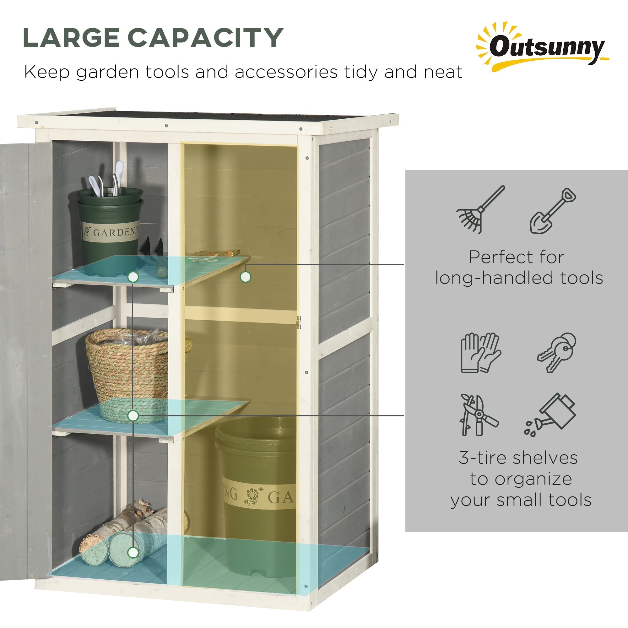 Cream-colored outsunny wooden small shed with gray paneling and translucent blue shelves for garden tool storage 75l x 56w