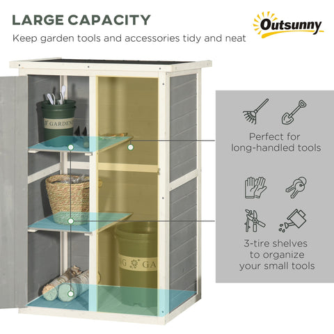 Cream-colored outsunny wooden small shed with gray paneling and translucent blue shelves for garden tool storage 75l x 56w