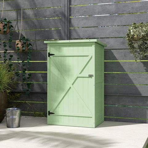 Light green wooden garden storage shed with cross braced door black hinges perfect for garden tool storage 75l x 56w