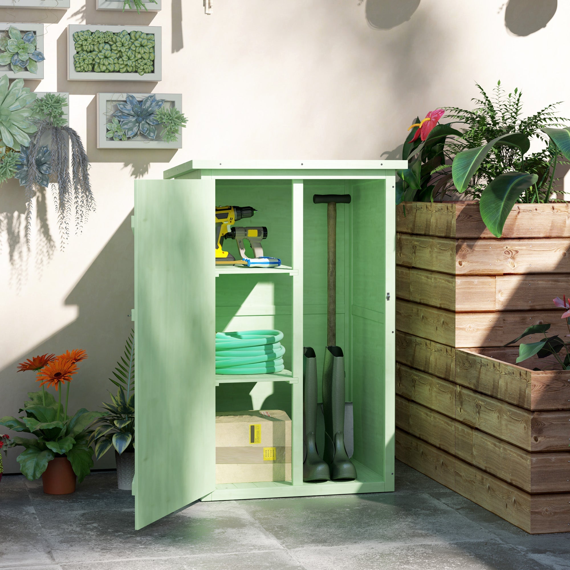 Light green outsunny wooden garden tool storage shed with open door showing shelves and tools 75l x 56w cm