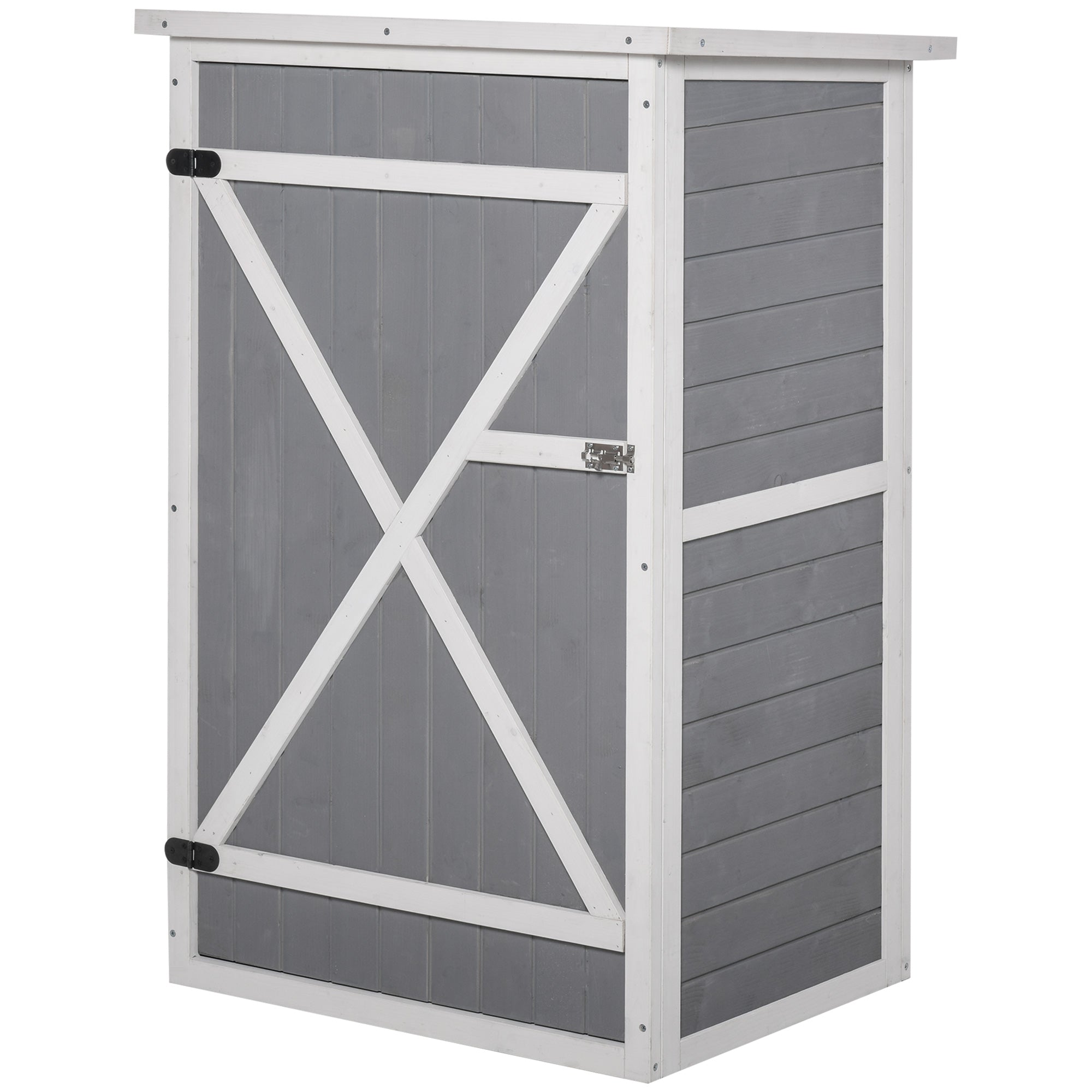 Gray wooden outsunny small garden storage shed with white frame x-shaped door braces for garden tool storage 75l x 56w cm