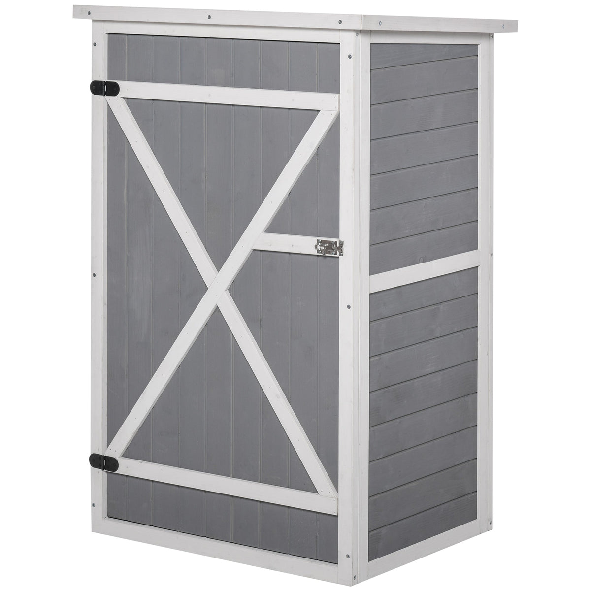 Gray wooden outsunny small garden storage shed with white frame x-shaped door braces for garden tool storage 75l x 56w cm