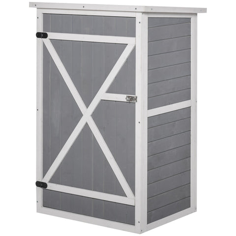 Gray wooden outsunny small garden storage shed with white frame x-shaped door braces for garden tool storage 75l x 56w cm
