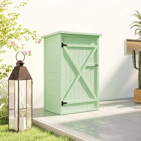 Mint green wooden garden shed with cross-batten door black metal hinges and bolt latch for garden tool storage 75l x 56w cm