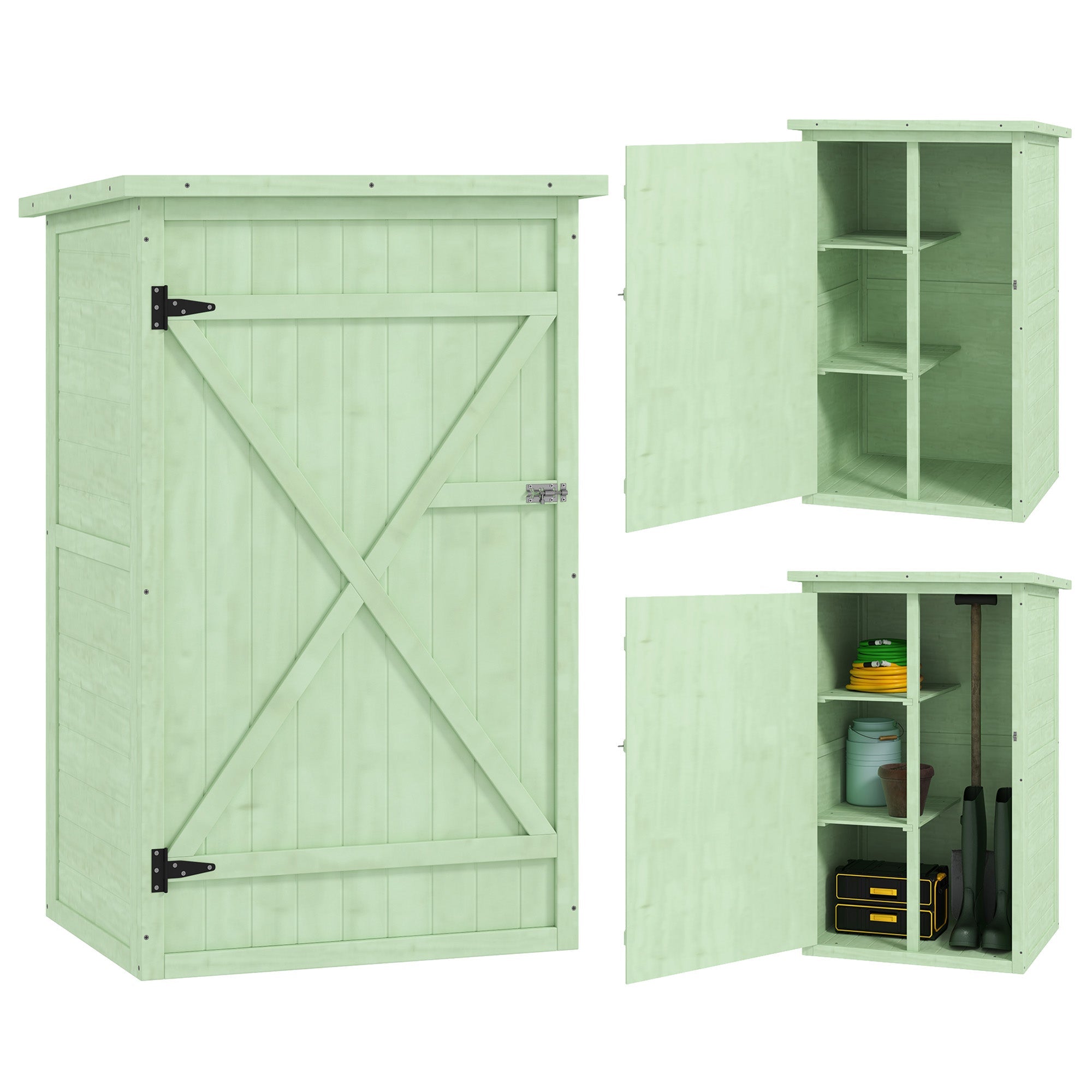 Light green wooden outsunny garden shed with barn-style door and black hinges ideal for garden tool storage 75l x 56w cm