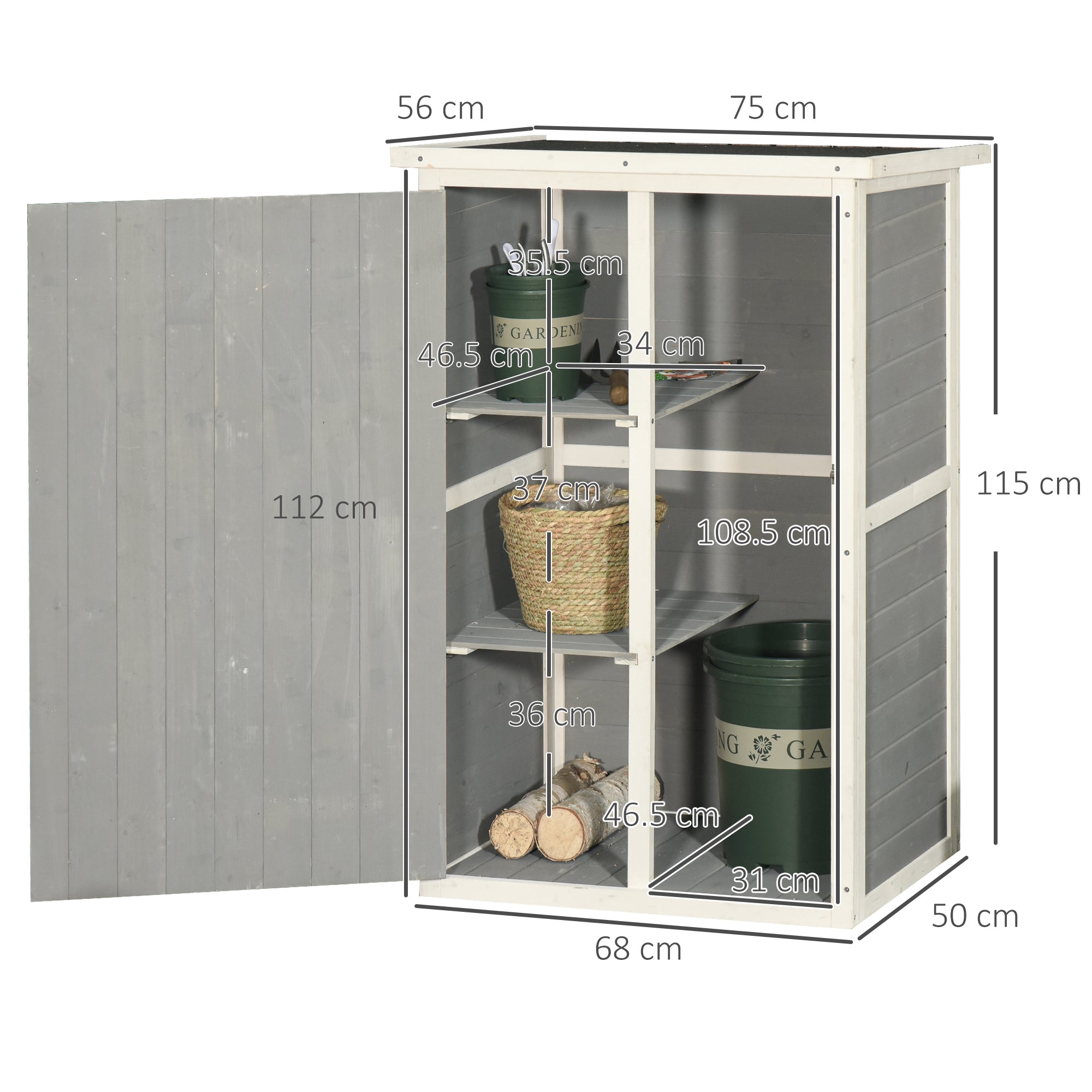 Gray and white outsunny wooden small garden storage shed with slatted sides shelves and bolt latch 75l x 56w for tool storage