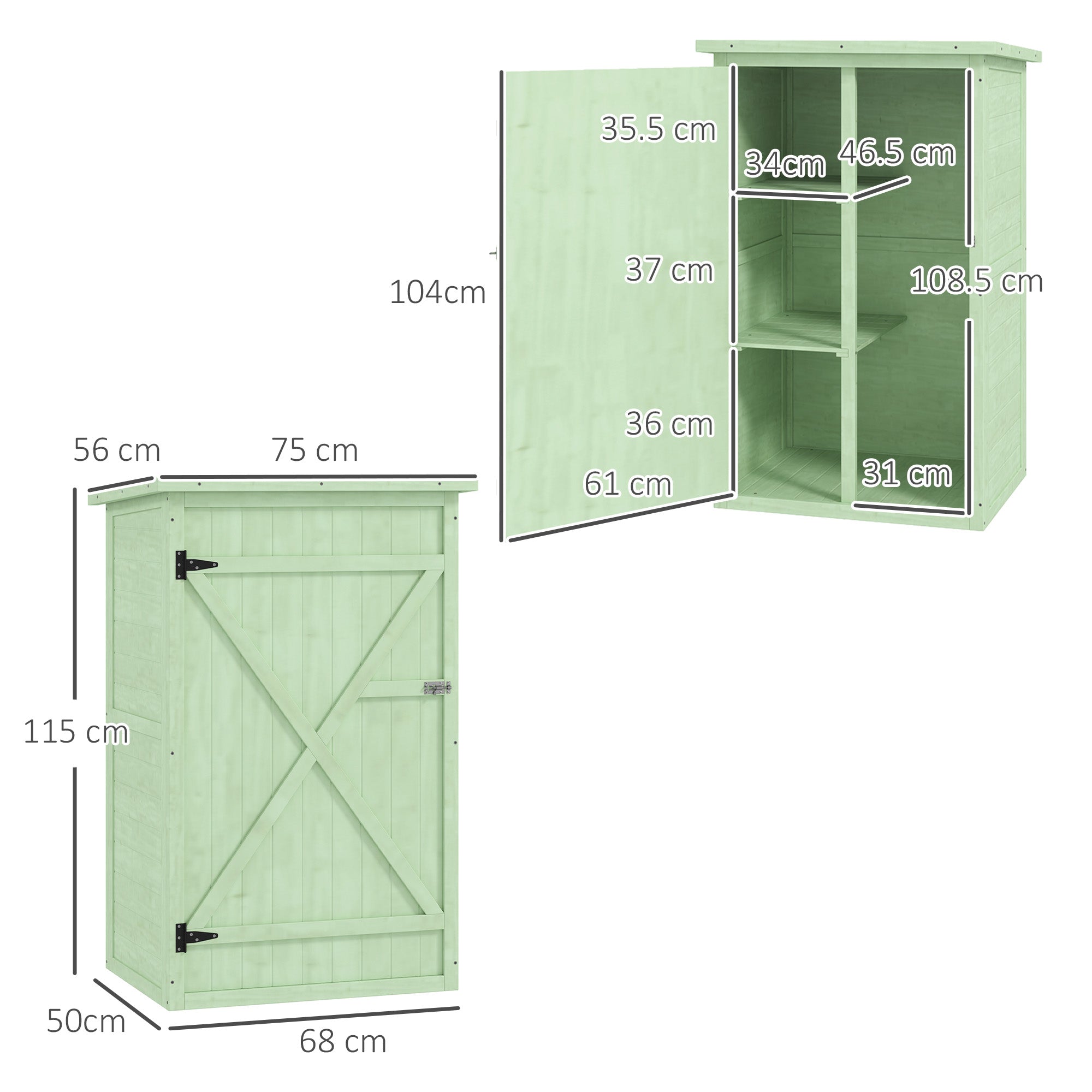 Light green wooden Outsunny garden storage shed with slanted roof x-braced door for garden tool storage 75l x 56w cm