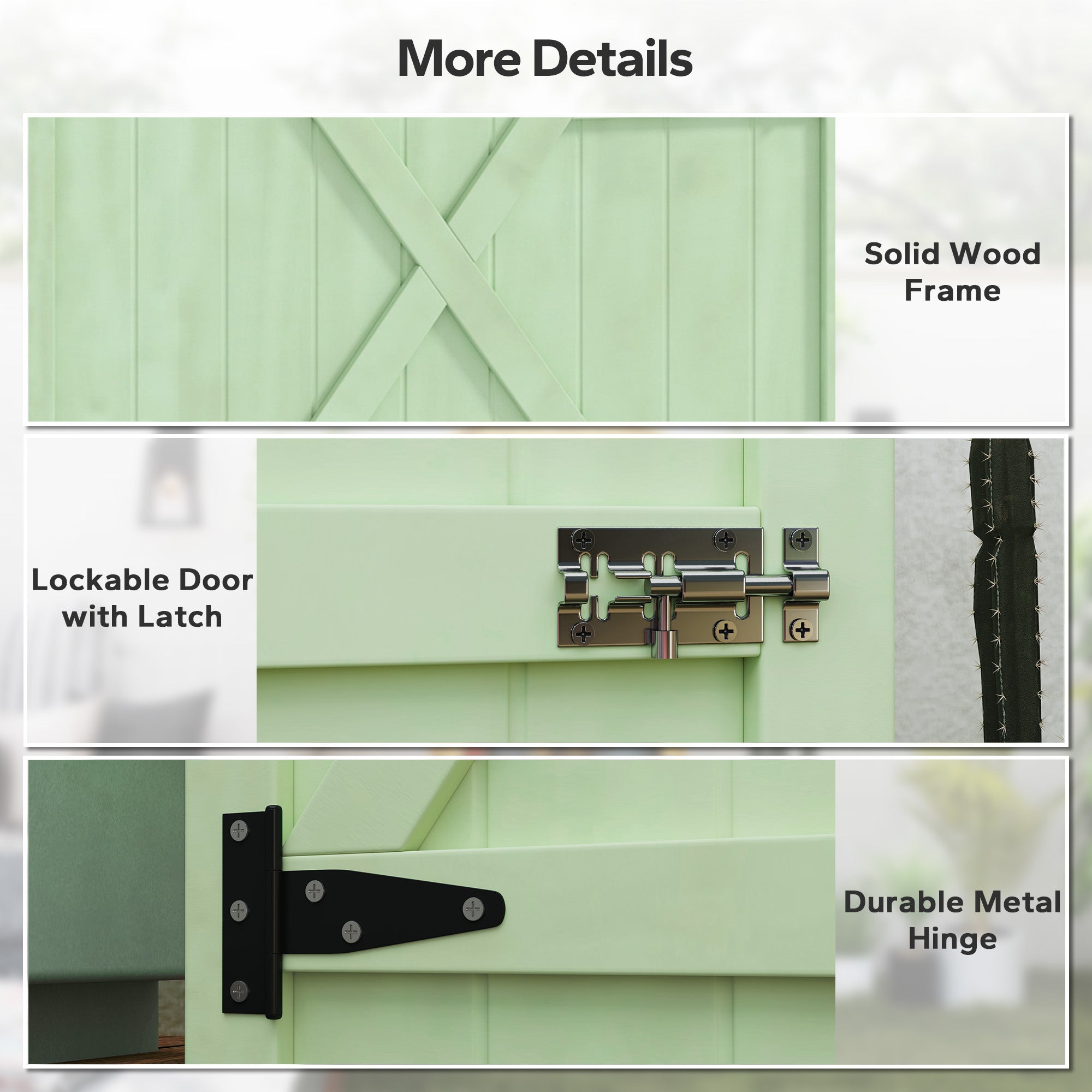 Light green solid wood garden storage shed door with lockable latch and metal hinge for 75l x 56w tool storage