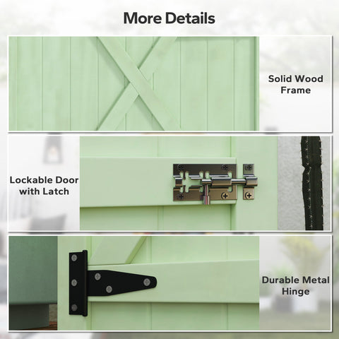 Light green solid wood garden storage shed door with lockable latch and metal hinge for 75l x 56w tool storage