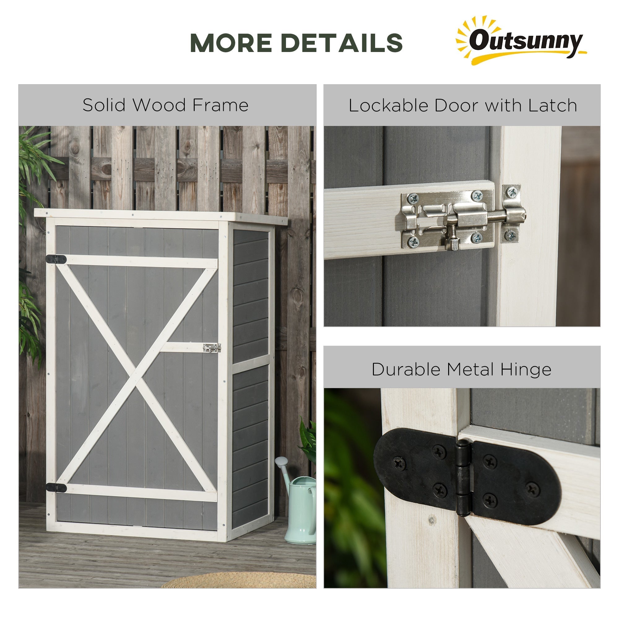 Gray and white outsunny wooden small shed with x design lockable door metal hinge and silver latch for garden tool storage 75l x 56w