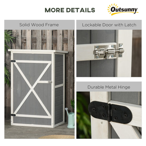 Gray and white outsunny wooden small shed with x design lockable door metal hinge and silver latch for garden tool storage 75l x 56w