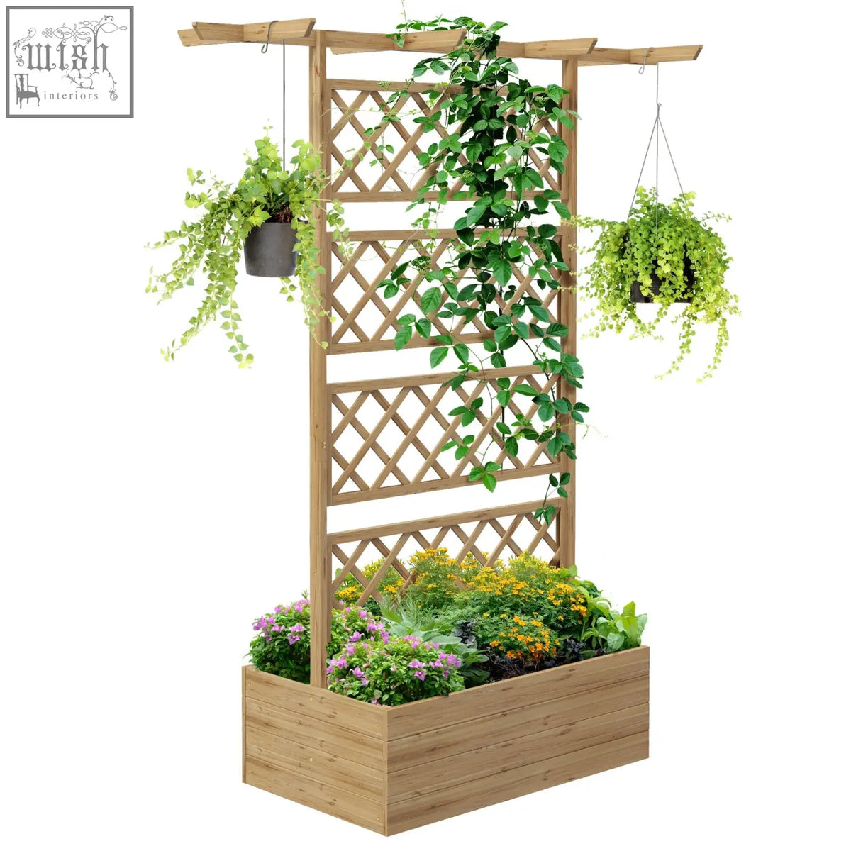 Light brown fir wood trellis planter with lattice design and planter box for growing herbs and flowers