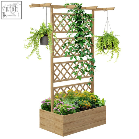 Light brown fir wood trellis planter with lattice design and planter box for growing herbs and flowers
