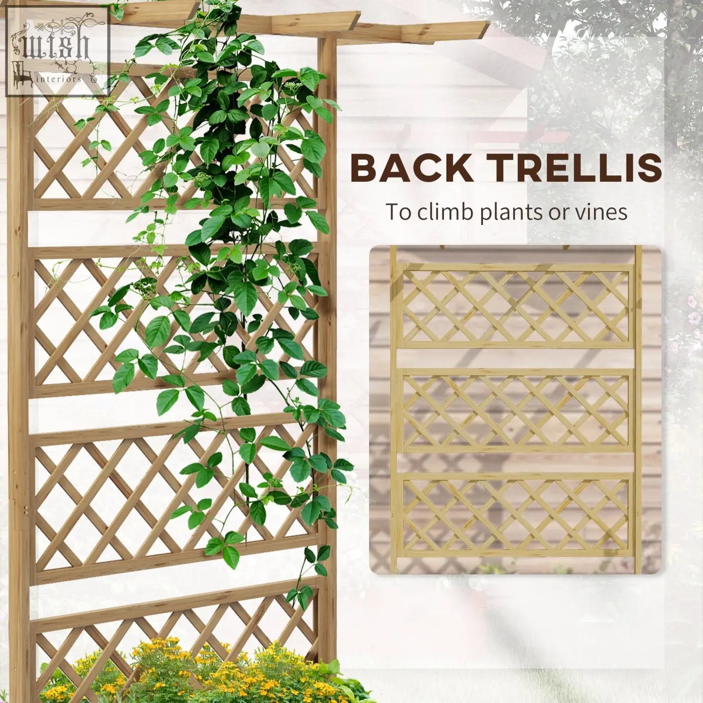 Light brown fir wood trellis planter back with diamond lattice design and small roof for climbing plants