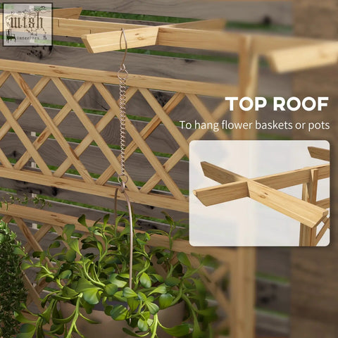 Light-colored fir wood trellis planter with metal chain hook for hanging flower baskets in natural tone small roof style
