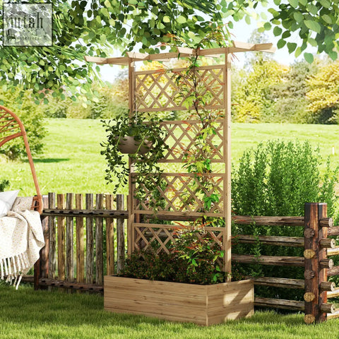 Outsunny fir wood trellis planter box with lattice design and small roof in natural tone for growing herbs and flowers
