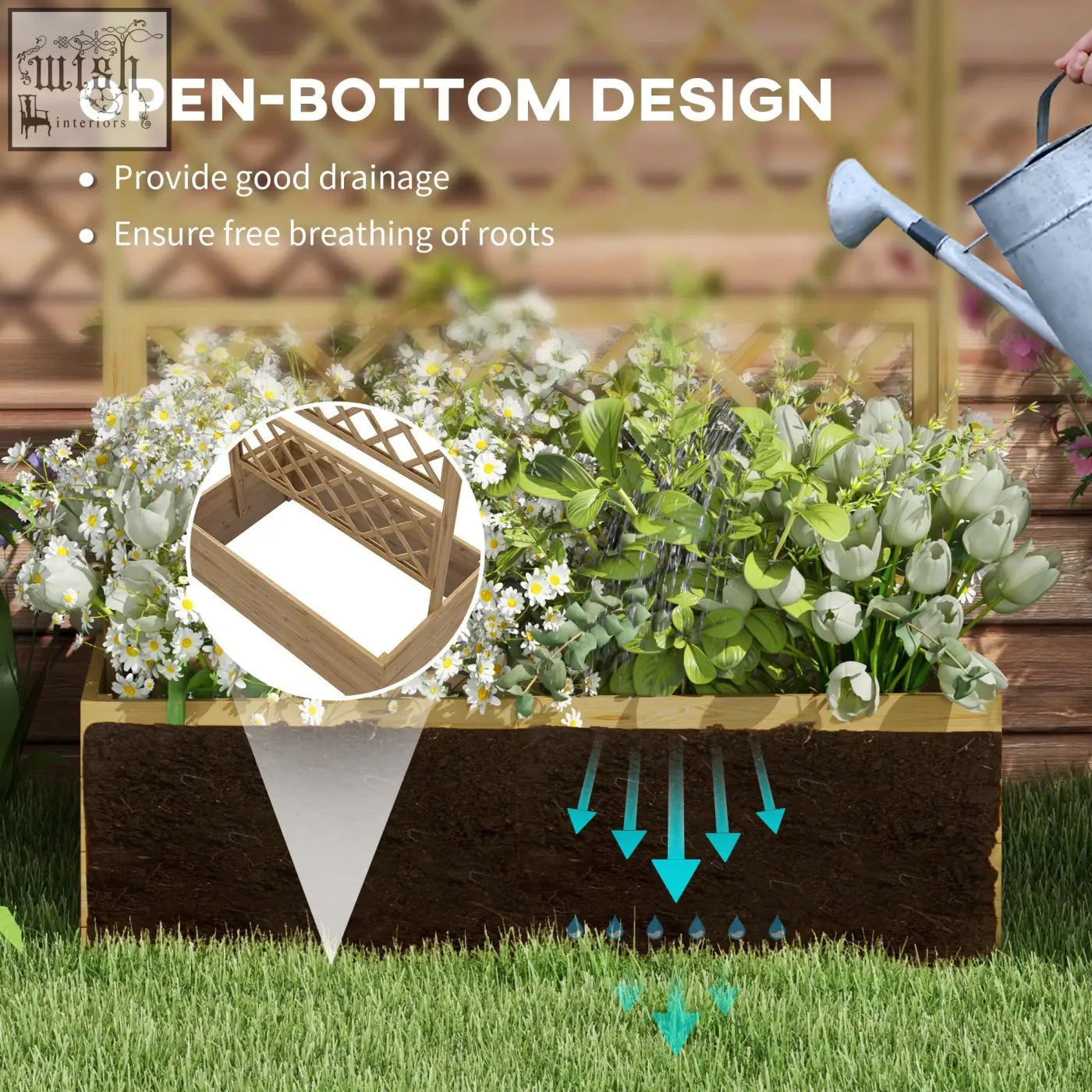 Outsunny wooden trellis planter box made of natural tone fir wood with lattice interior and open-bottom design for drainage